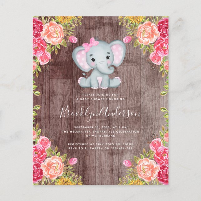 BUDGET Elephant Girl Shower Einladung (Vorderseite)