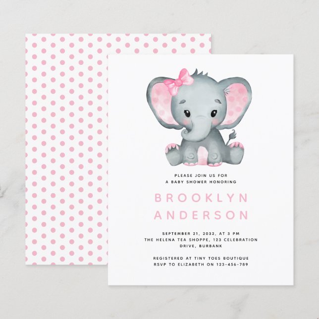 BUDGET Elephant Girl Shower Einladung (Vorne/Hinten)