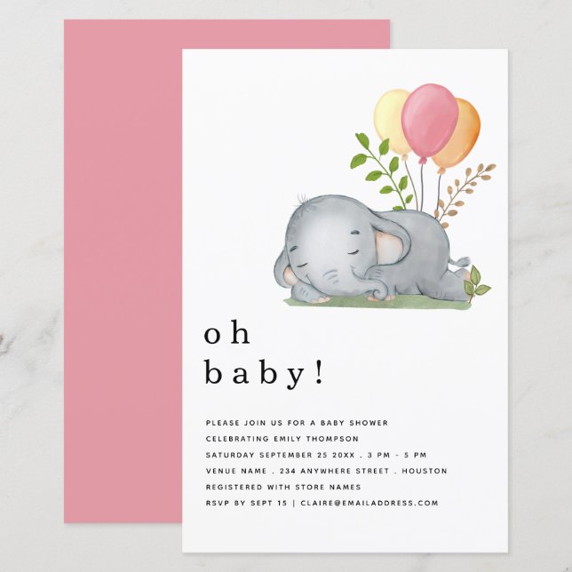 BUDGET Elephant Pink Girl Baby Dusche Einladung (Vorne/Hinten)