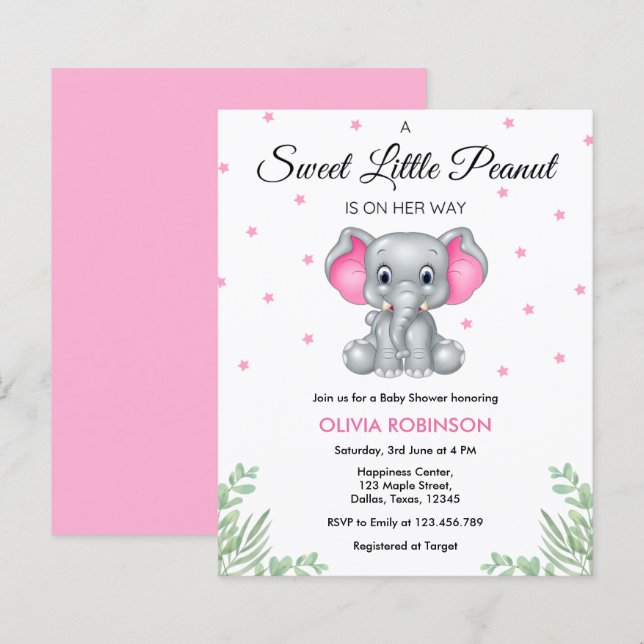 Budget Elephant Pink Girl Babydusche Einladung (Vorne/Hinten)
