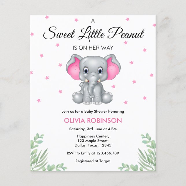 Budget Elephant Pink Girl Babydusche Einladung Flyer (Vorne)