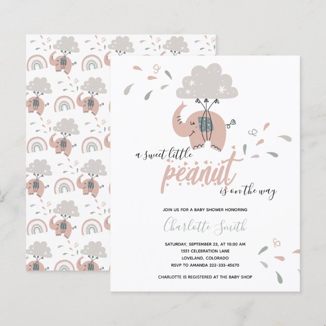 Budget Elephant Pink Girl's Baby Shower Einladung (Vorne/Hinten)