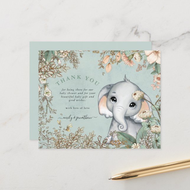 Budget Elephant Powder Blue Baby Dusche Vielen Dan (Vorderseite/Rückseite Beispiel)