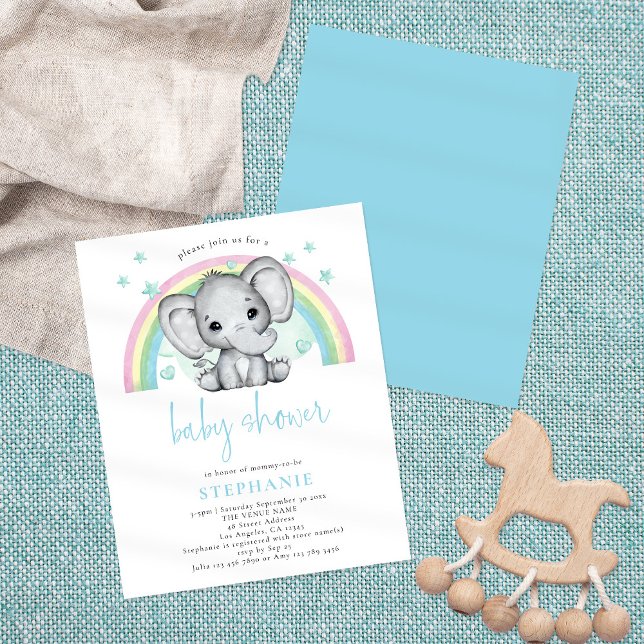 Budget Elephant Rainbow Blue Baby Shower Einladung (Von Creator hochgeladen)