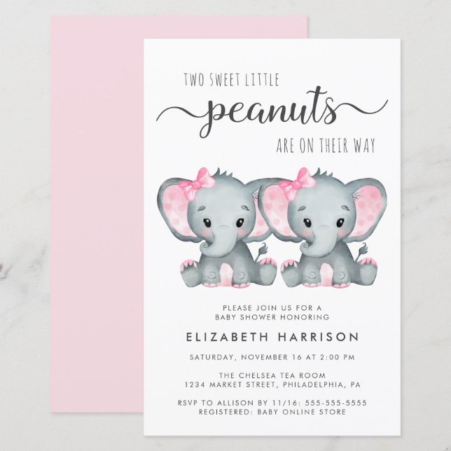 Budget Elephant Twin Girls Babydusche Einladung (Vorne/Hinten)