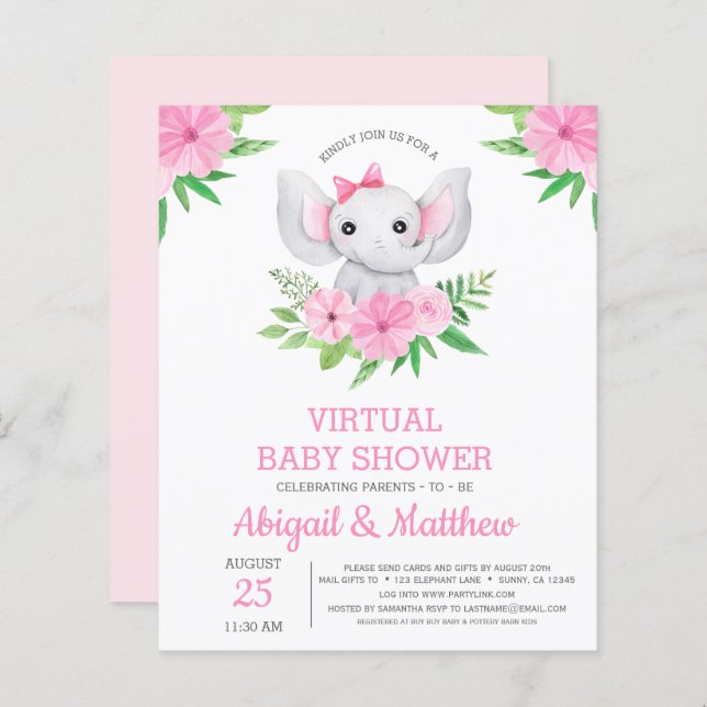 BUDGET Elephant Virtual Baby Shower Einladung (Vorne/Hinten)