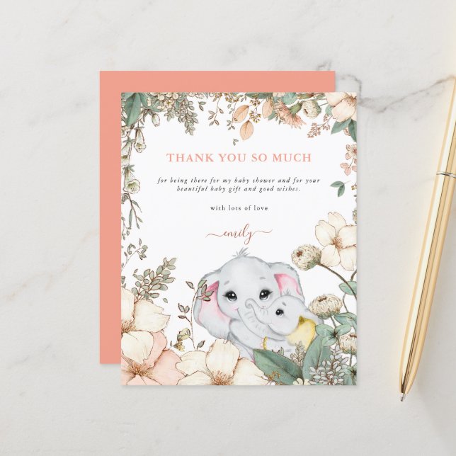 Budget Elephants Coral Baby Dusche Vielen Dank (Vorderseite/Rückseite Beispiel)