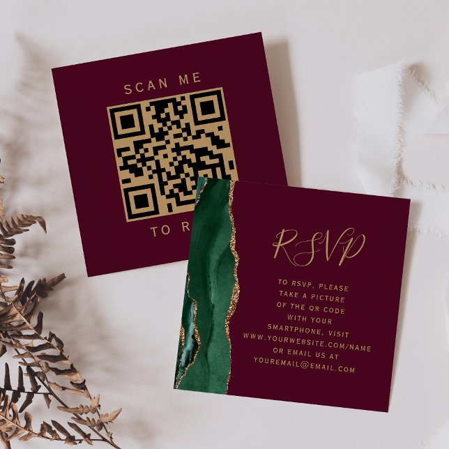 Budget Emerald Agate Burgundy Wedding QR Code UAWG Begleitkarte (Von Creator hochgeladen)