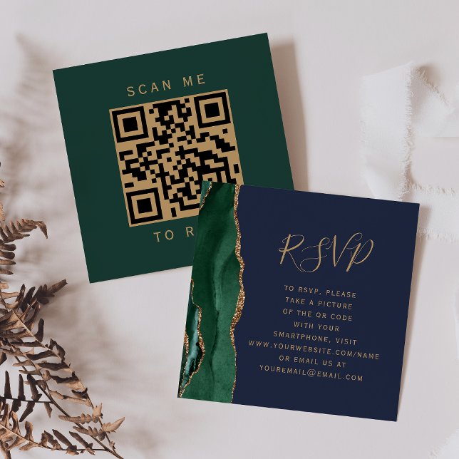 Budget Emerald Agate Navy Hochzeit QR Code UAWG Begleitkarte (Von Creator hochgeladen)