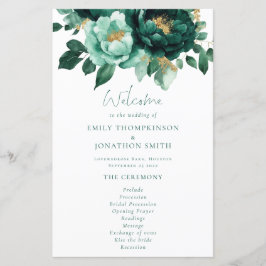 Budget Emerald and Gold Florals Wedding Program