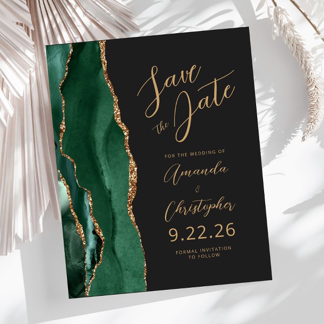 Budget Emerald Gold Agate Script Save the Date (Von Creator hochgeladen)