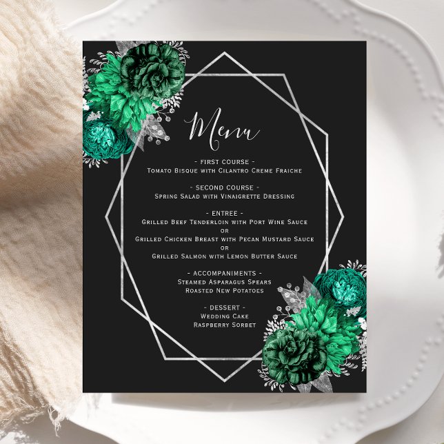 Budget Emerald Green Floral Black Wedding Menu (Von Creator hochgeladen)