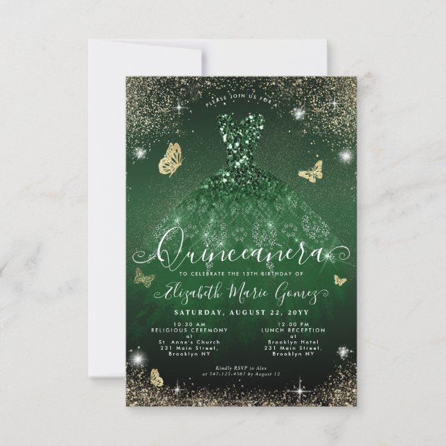 Budget Emerald Green Glitzer Gown Quinceanera Mitteilungskarte (Vorderseite)