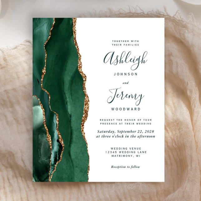 Budget Emerald Green Gold Agate Script Wedding (Von Creator hochgeladen)