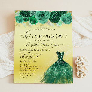 Budget Emerald Green Gold Dress Floral Quinceanera