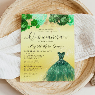 Budget Emerald Green Gold Dress Floral Quinceanera