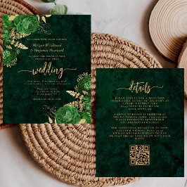 Budget Emerald Green Gold Floral QR Code Hochzeit