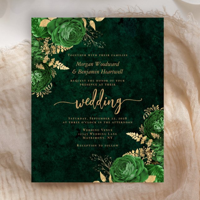 Budget Emerald Green Gold Floral Wedite Einladung (Von Creator hochgeladen)