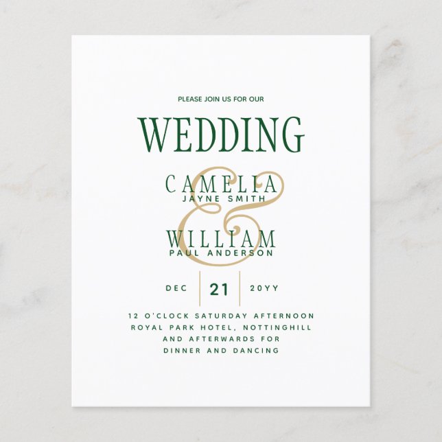 BUDGET Emerald Green Gold Hochzeit Einladung Flyer (Vorne)
