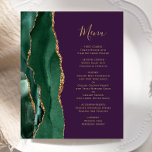 Budget Emerald Green Gold Lila Wedding Menu<br><div class="desc">Die links Kulisse dieses eleganten,  modernen Hochzeitsmenüs besticht durch einen smaragdgrünen Aquarellstreifen,  der mit vergoldetem Imitat-Glitzer bestickt ist. Der anpassbare Text verbindet goldfarbene whimsical-Handschrift-Skripte mit Copperplate-Schriftart auf einem lila Hintergrund. Die Rückseite ist mit einem smaragdgrünen und goldgelben Dekor ausgestattet.</div>