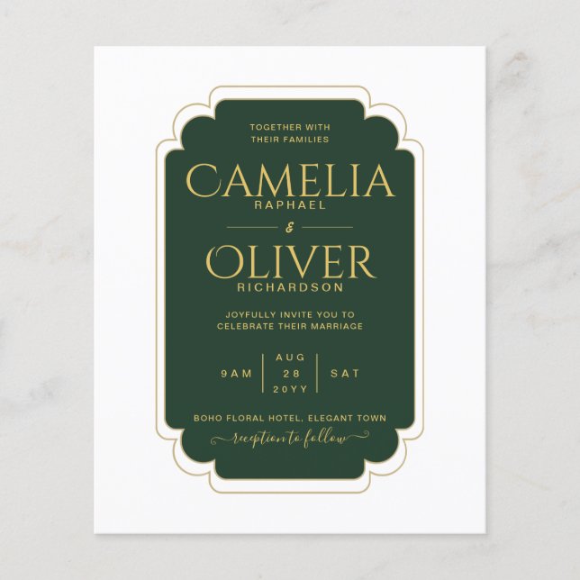 BUDGET Emerald Green Gold MONOCHROME Wedding PAPIE Flyer (Vorne)