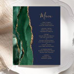 Budget Emerald Green Gold Navy Blue Wedding Menu<br><div class="desc">Die links Kulisse dieses eleganten,  modernen Hochzeitsmenüs besticht durch einen smaragdgrünen Aquarellstreifen,  der mit vergoldetem Imitat-Glitzer bestickt ist. Der anpassbare Text vereint goldfarbene whimsical Handschriftzeichen mit Copperplate-Schriftart auf marinebasischem Hintergrund. Die Rückseite ist mit einem smaragdgrünen und goldgelben Dekor ausgestattet.</div>