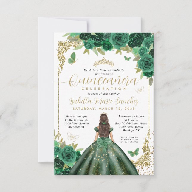 Budget Emerald Green Gold Princess Quinceañera Mitteilungskarte (Vorderseite)