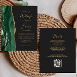 Budget Emerald Green Gold QR Code Wedding Einladun<br><div class="desc">Rett die Kosten für das Drucken und Verschicken separater RSVP-Karten mit dieser eleganten, modernen All-in-One-Hochzeitseinladung. Der links Rand verfügt über einen smaragdgrünen Aquarellstreifen mit goldenen Imitaten Glitzer. Der anpassbare Text kombiniert goldfarbene Handschrift, Copperplate und kursiv Schriftart auf schwarzem Schieferboden. Die Rückseite bietet Platz für Hochzeitsdetails auf einem schwarzen Hintergrund aus...</div>