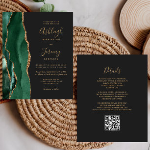 Budget Emerald Green Gold QR Code Wedding Einladun