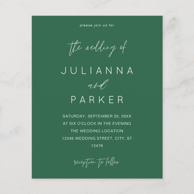 Budget Emerald Green MOD Calligraphy Wedding Flyer (Vorne)