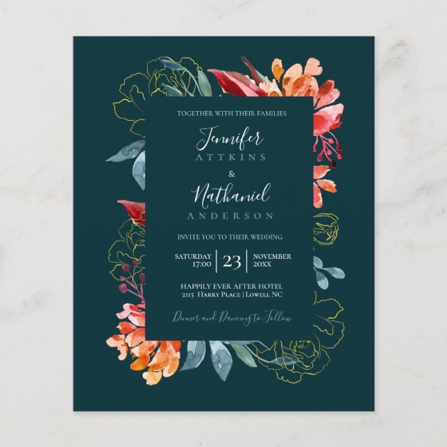 Budget Emerald Green Rusty Orange Floral Wedding (Vorderseite)