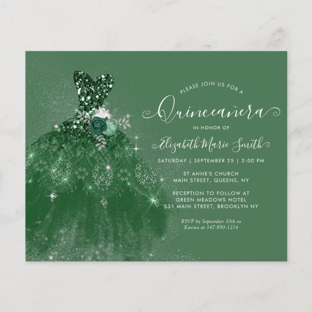 Budget Emerald Green Silver Glitzer Quinceanera (Vorderseite)