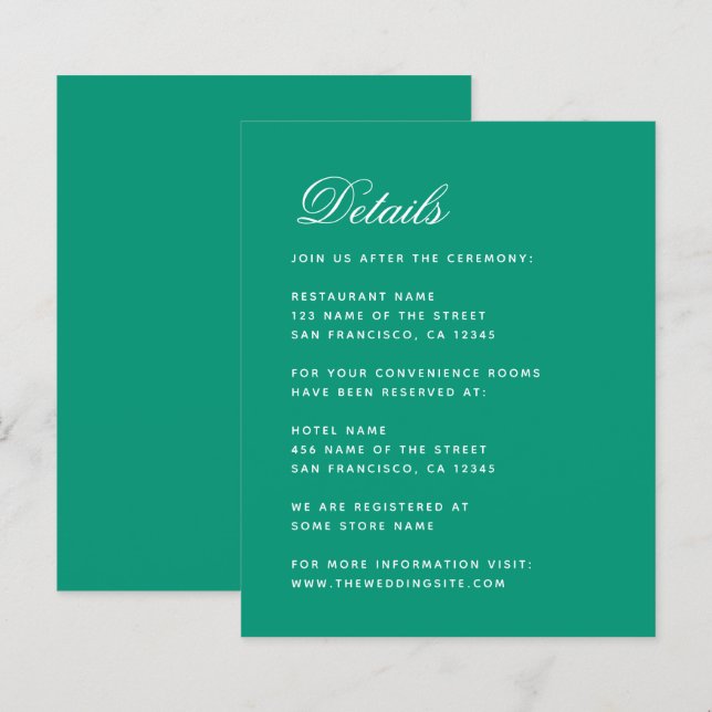 Budget Emerald Green Simple Wedding Details Card (Vorne/Hinten)