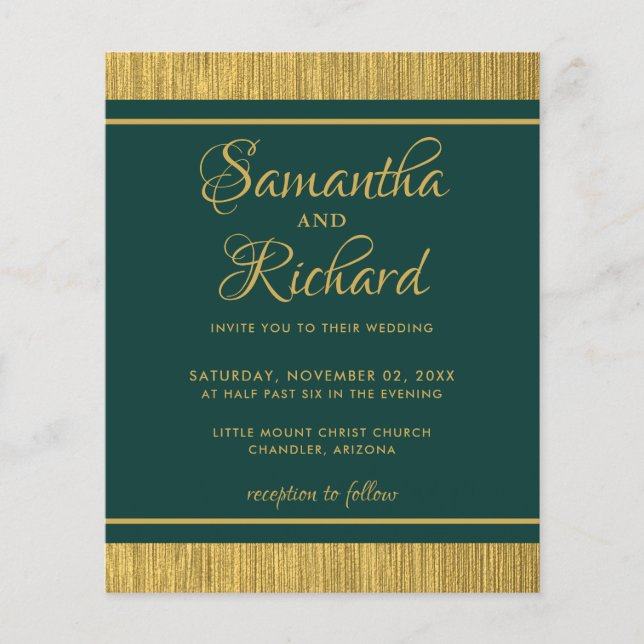 Budget Emerald Green und Gold Foto Hochzeit Einlad (Vorderseite)
