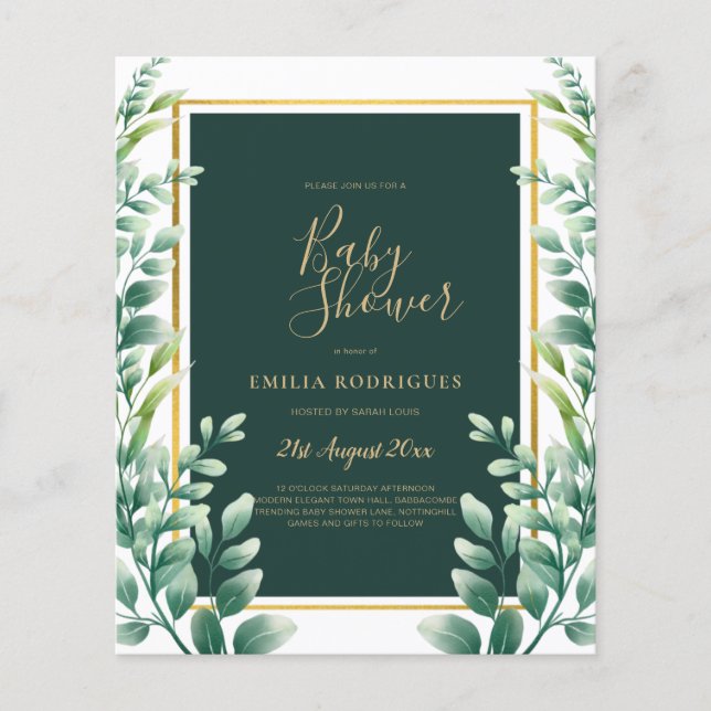 BUDGET Eucalyptus BABY SHOWER GOLD QR CODE EINLADE Flyer (Vorne)
