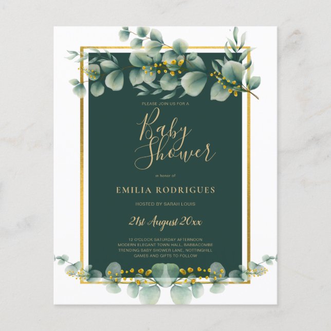BUDGET Eucalyptus BABY SHOWER GOLD QR CODE EINLADE Flyer (Vorne)
