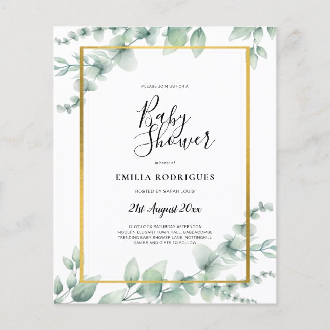 BUDGET Eucalyptus BABY SHOWER GOLD QR CODE EINLADE Flyer (Vorne)