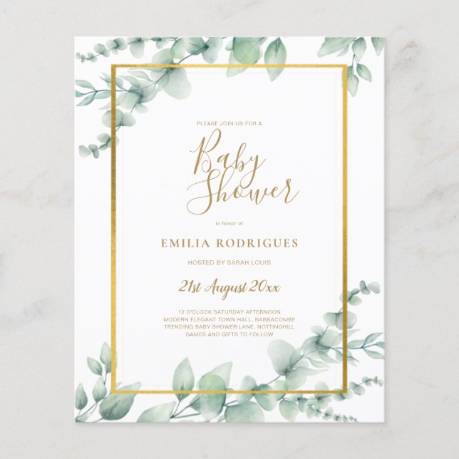BUDGET Eucalyptus BABY SHOWER GOLD QR CODE EINLADE Flyer (Vorne)