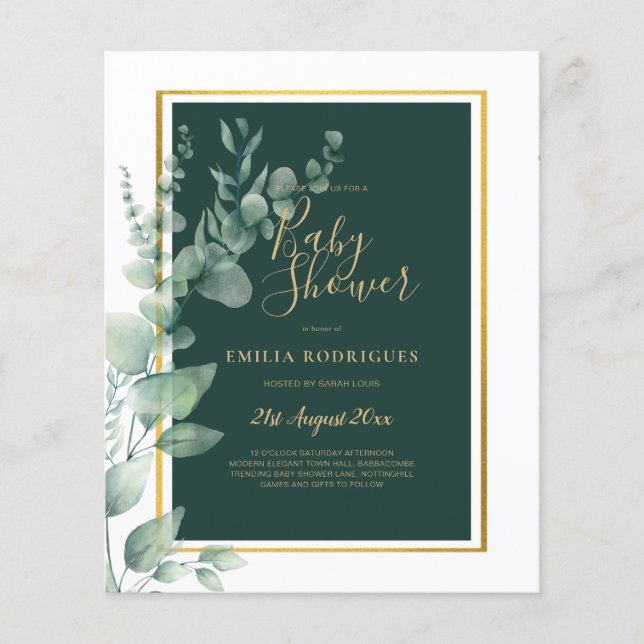 BUDGET Eucalyptus BABY SHOWER GOLD QR CODE EINLADE Flyer (Vorne)