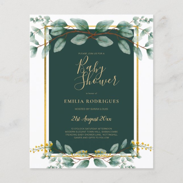 BUDGET Eucalyptus BABY SHOWER GOLD QR CODE EINLADE Flyer (Vorne)