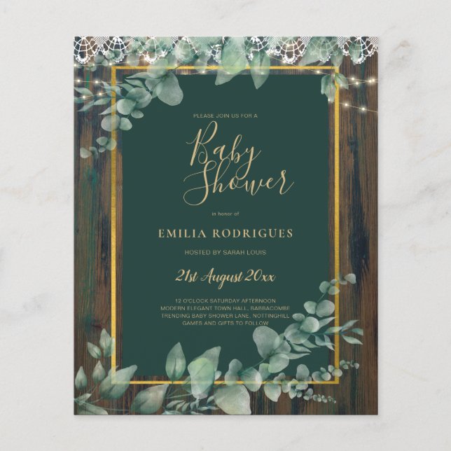 BUDGET Eucalyptus BABY SHOWER Rustikaler QR-CODE Flyer (Vorne)
