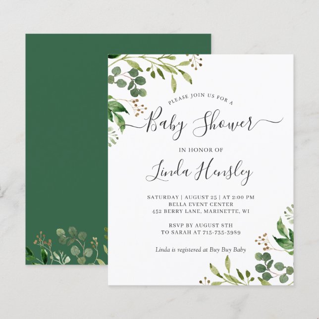 Budget Eucalyptus Feuilles Baby Shower Invitations (Devant / Derrière)