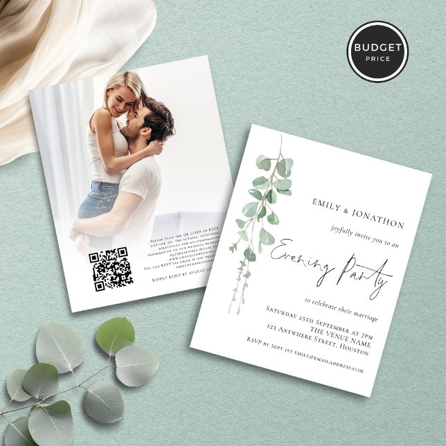 Budget Eucalyptus Foto QR Wedding Abend Einladung (Front and back view)