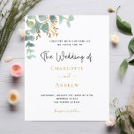 Budget eucalyptus greenery gold wedding invitation<br><div class="desc">A chic white background. Decorated with green watercolored eucalyptus leaves,  sprigs,  greenery and a faux gold sprig. Personalize and add your names and wedding details. Black letters.  
Back: green background color.</div>