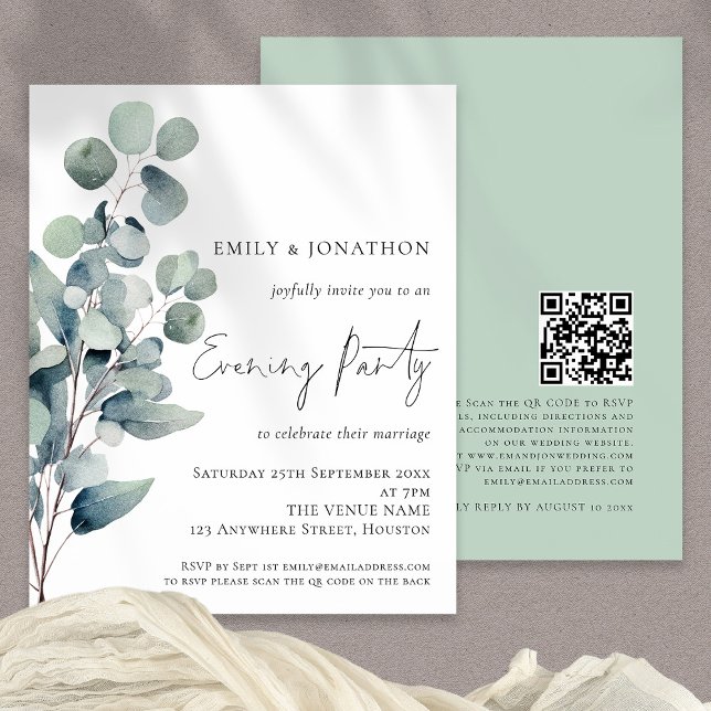 Budget Eucalyptus Leaves QR Wedding Evening Invite (Front and back view)