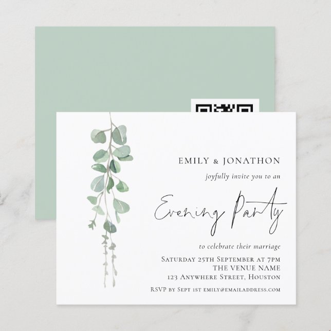 Budget Eucalyptus QR Abend Party Wedite Einladung (Vorne/Hinten)