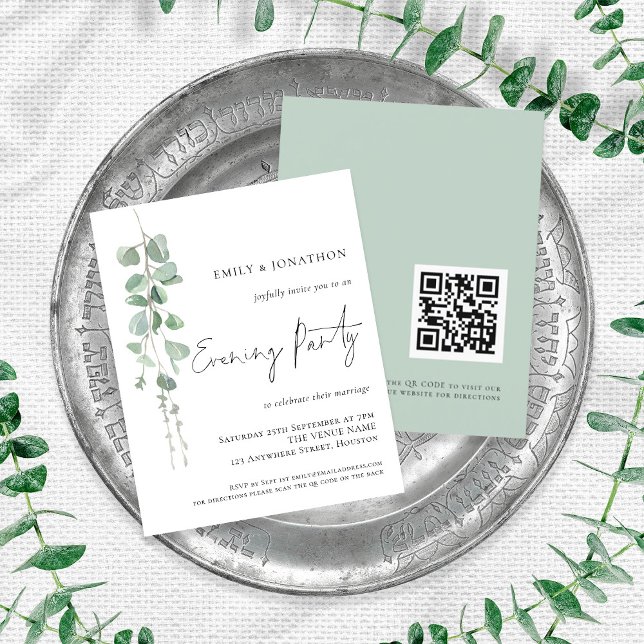 Budget Eucalyptus QR Wedding Abend Party Einladung (Front and back view)