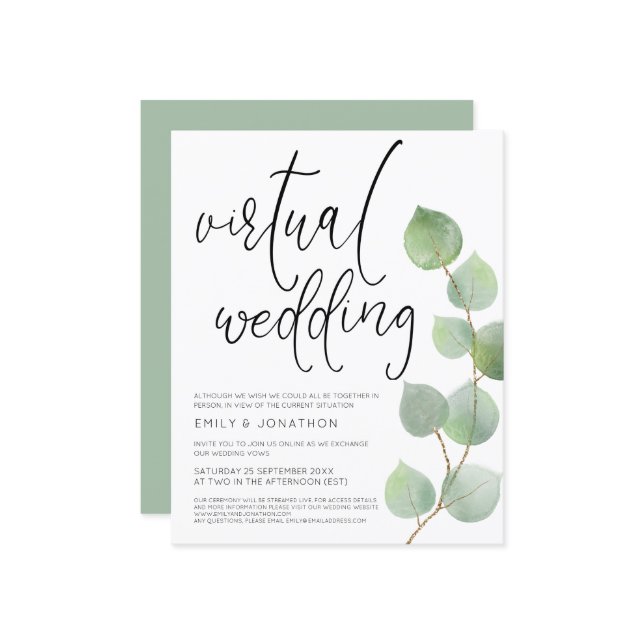 Budget Eucalyptus Virtual Wedding Einladung (Vorderseite/Rückseite Beispiel)