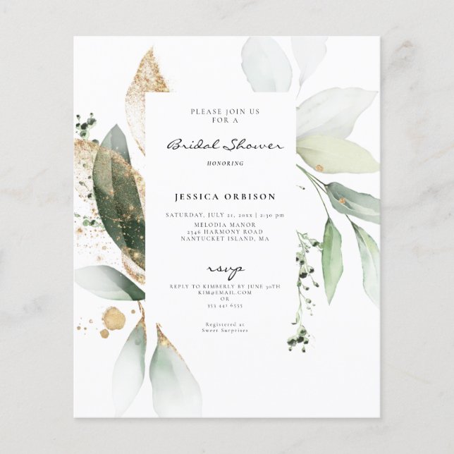 Budget Eucalyptus Watercolor Brautparty Einladung (Vorderseite)