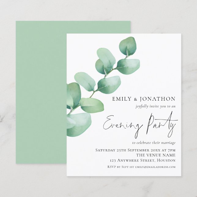 Budget Eucalyptus Wedding Abend Party Einladung (Vorne/Hinten)